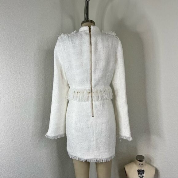 Luxdress Chunky Chain Fringe Button Front Long Sleeve Tweed Mini Dress - Picture 9 of 10